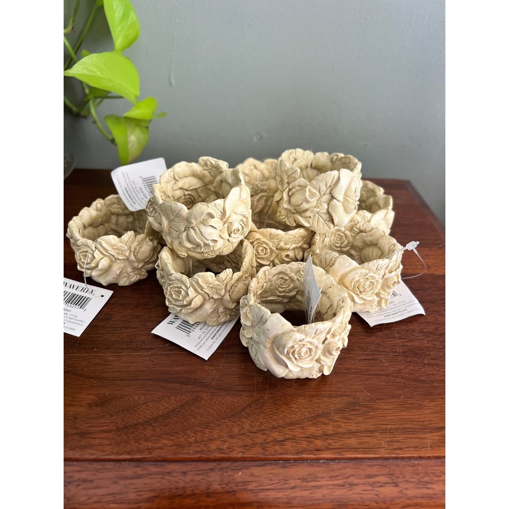 Waverly Garden Room Rose Relief Napkin Rings Cream Ivory Floral Set of 10 NWT